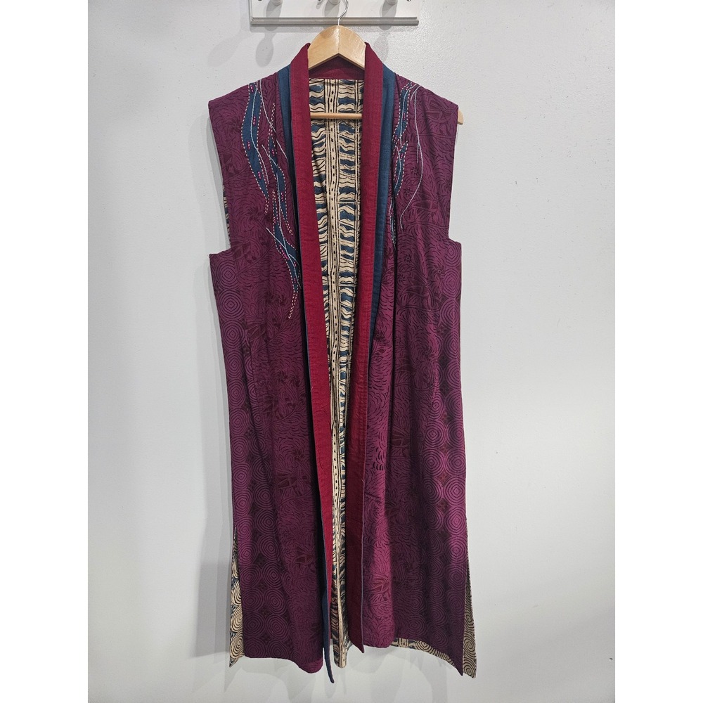 Market Place Hand Made India Reversible Long Vest Purple Block Print Beaded Boho